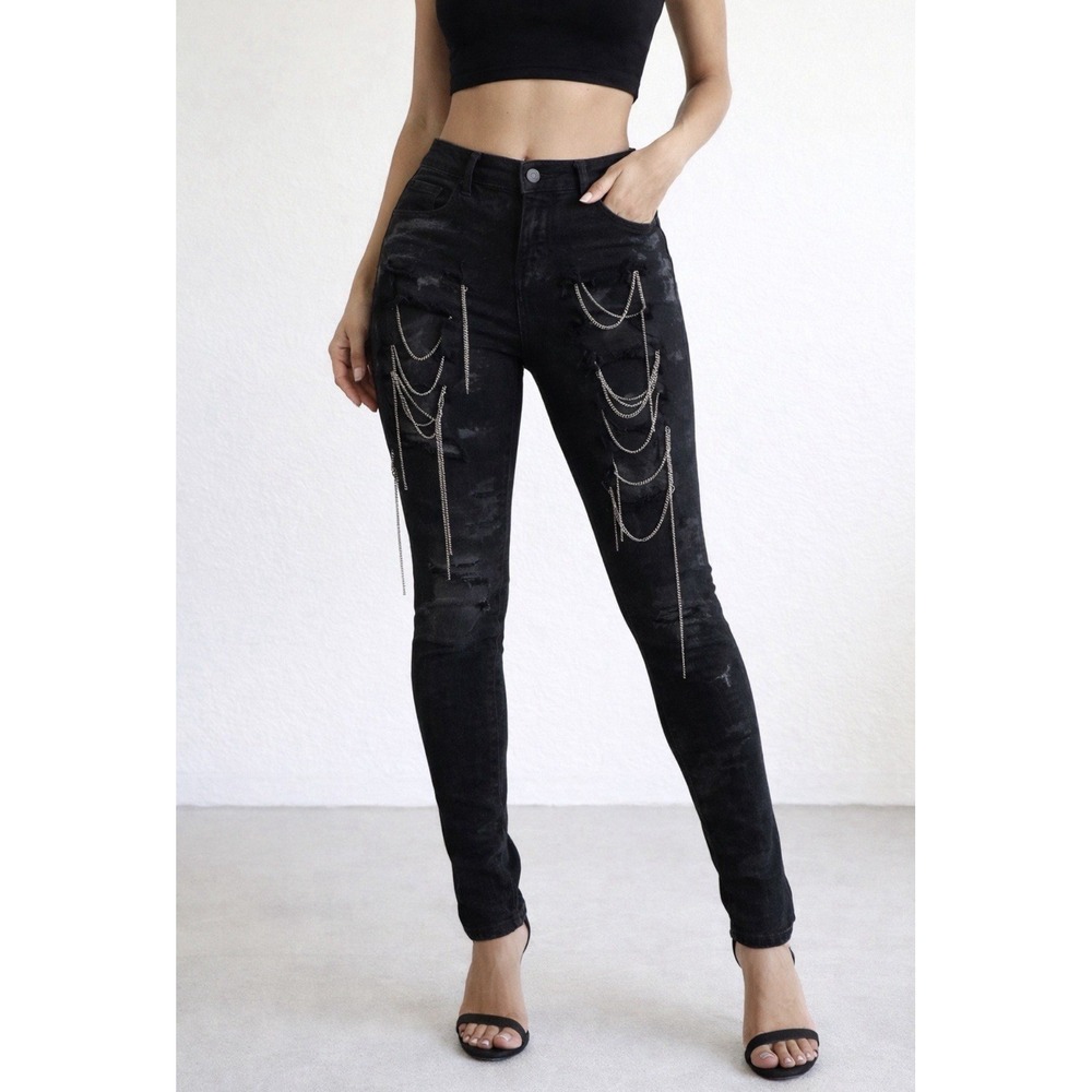 NEW! Glamour Women's Distressed Denim Jeans with Chains Black Goth SZ 34